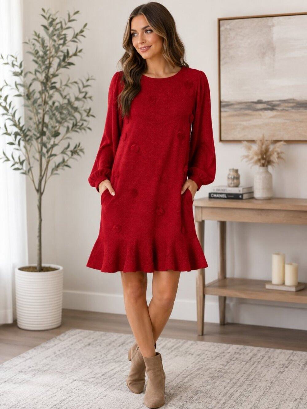 Red Sweater Dress Pom Pom Texture Ruffle Hem Long Sleeve Women Large